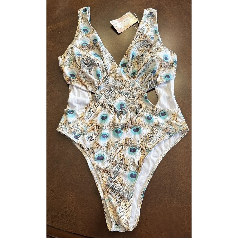 NWT Sol+Sorbet Miami Sexy Swimsuit,‎ Size L, Peacock Design, As seen in Vogue